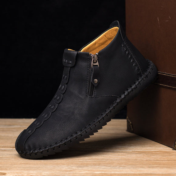 Men Leather Non Slip Side Zipper Soft Sole Casual Boots