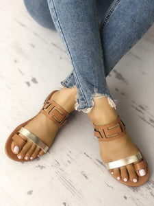 2019 Women Fashion Two Tone Hollow Out Toe Ring Flat Sandals Shoes
